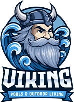 Blue viking with text Viking Pools & Outdoor Living below the beard.