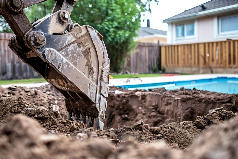 Excavator digging for an inground pool installation - Viking Pools & Outdoor Living.